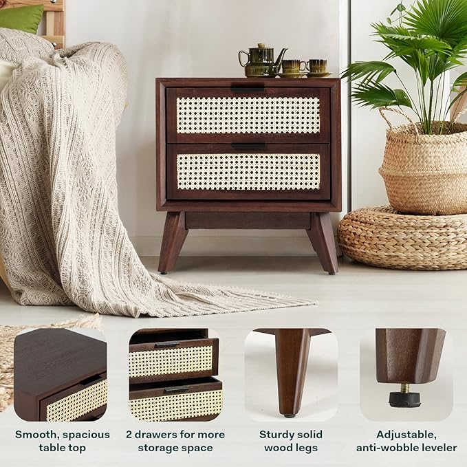 Bme Jasper Deluxe Solid Wood Rattan Nightstand Fully Assembled-Mid Century - Image 4
