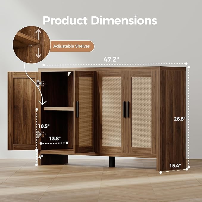 Rattan Buffet Cabinet with Storage, Sideboard Cabinet with Doors and Adjustable - Image 2