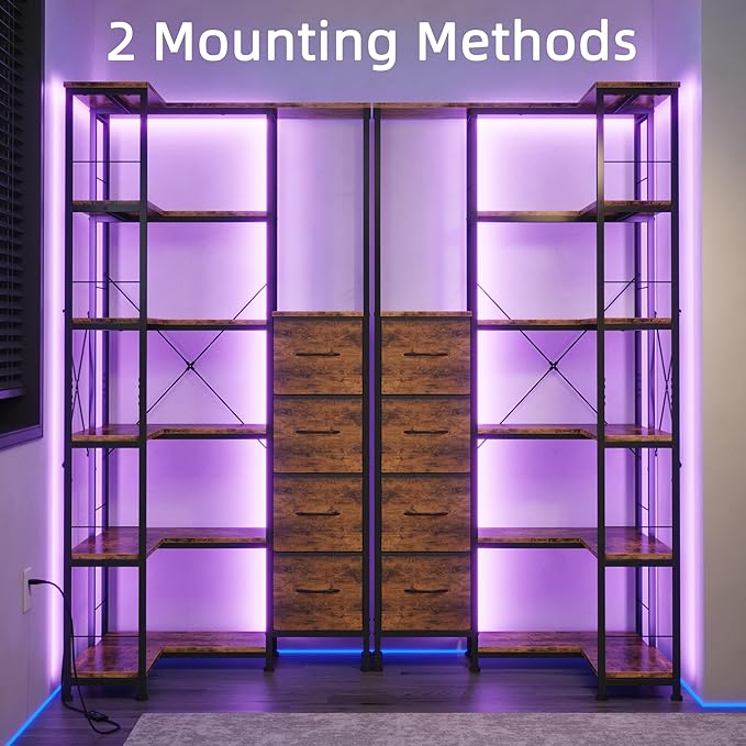 Corner Bookshelf with LED Light Strips & 4 Fabric Drawers, 6-Tier Convertible - Image 5