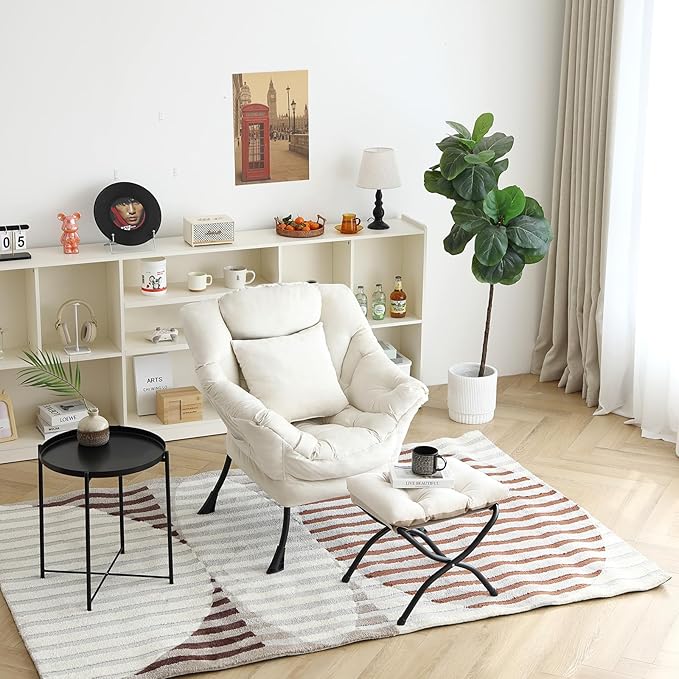Lazy Chair with Ottoman, Comfy Reading Lounge Chair with Footstool & Throw - Image 2