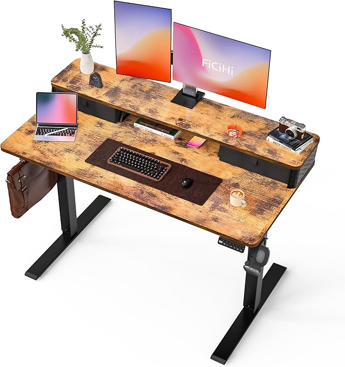 55x24 Inch Standing Desk with Double Drawers, C-Clamp Mount Compatible by FiCiHi