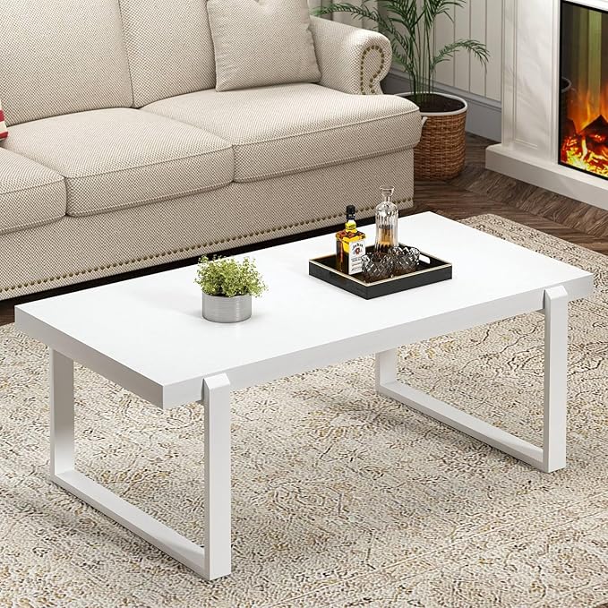 FOLUBAN White Coffee Table, Modern Rustic Wood and Metal Center Table, - Image 3