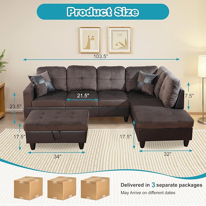 Couches for Living Room Comfy Flannel Fabric 3 Pieces Sectional Sofa - Image 2