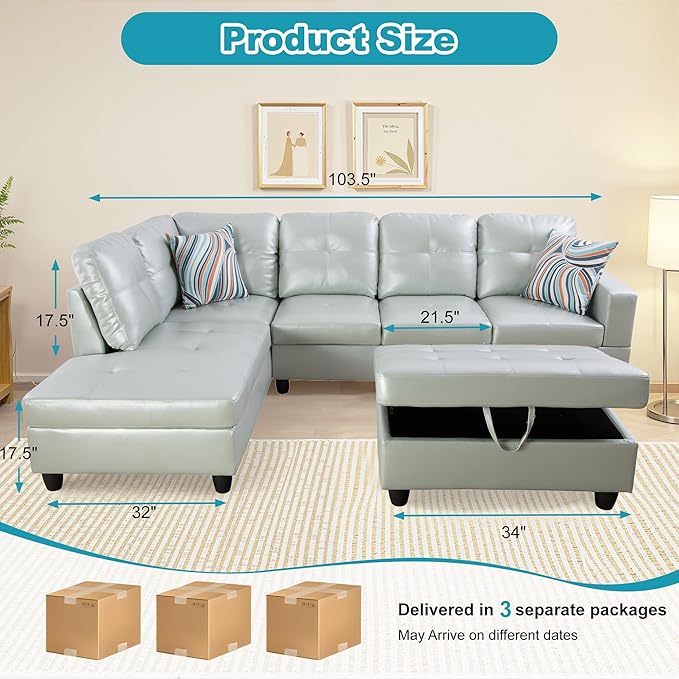 L Shaped Couch PU Leather Sectional Couch Upholstered 3 Pieces Sofas - Image 2