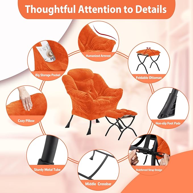 Lazy Chair with Folding Ottoman, Accent Chair Plush Upholstered with Metal - Image 6