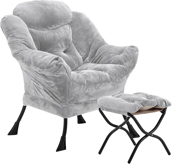 Lazy Chair with Folding Ottoman, Accent Chair Plush Upholstered with Metal by Youtanic