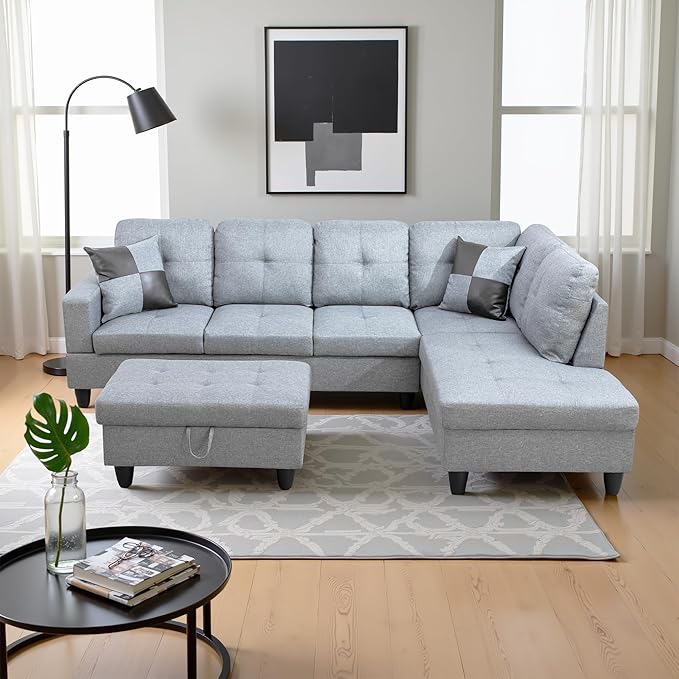 Couches for Living Room Modern L Shaped Couch Comfy Linen Fabric 3 Pieces - Image 4