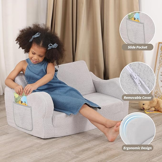 Extra Wide Toddler Chair, 2-in-1 Toddler Couch Fold Out, Convertible Sherpa - Image 4