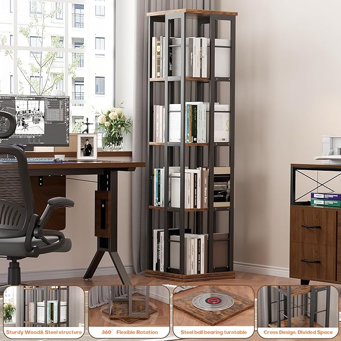 Aheaplus Rotating Bookshelf, Corner Bookcase, 360 Display Wood Spinning - Image 6