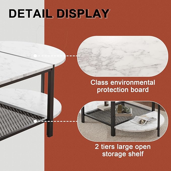 SENIG Oval Coffee Table with Faux Marble Top, 2-Tier Storage Shelf and Metal - Image 4