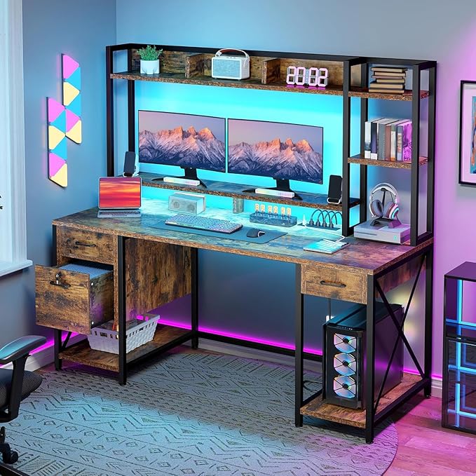 DWVO Computer Desk with Drawers & Hutch, 59.1" Office Desk with Power Outlets & - Image 3