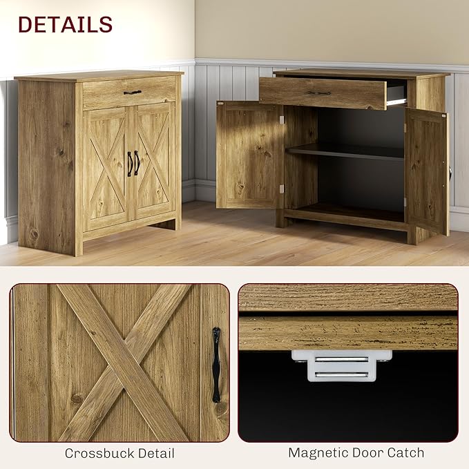 HOMCOM Farmhouse Sideboard Buffet Cabinet, Barn Door Coffee Bar Cabinet - Image 7