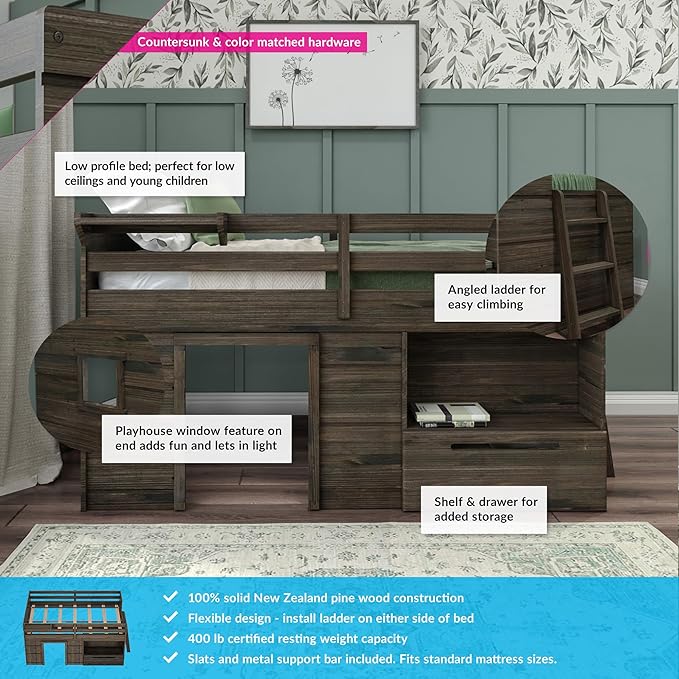 Max & Lily Loft Bed Twin Size, Solid Wood Low Loft Bed - Image 2