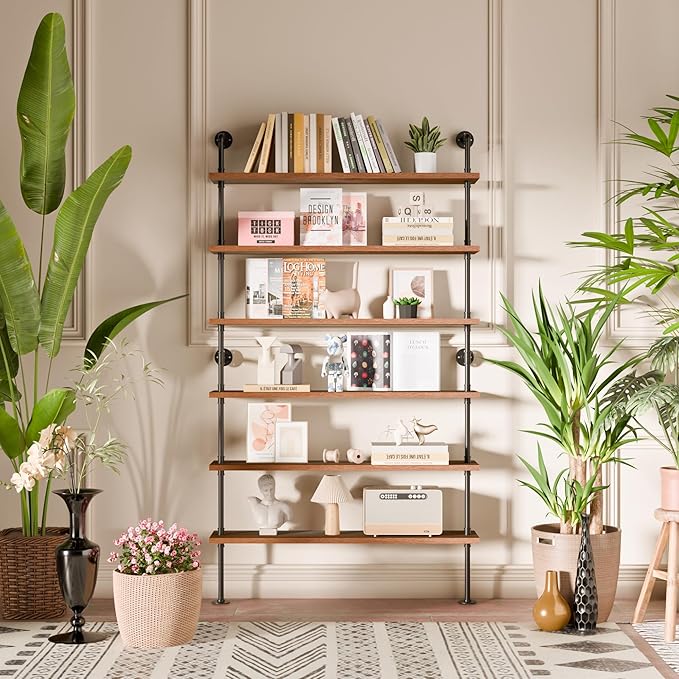 6 Tier Industrial Ladder Shelf Bookcase, Wall Mounted Rustic Bookshelf - Image 9