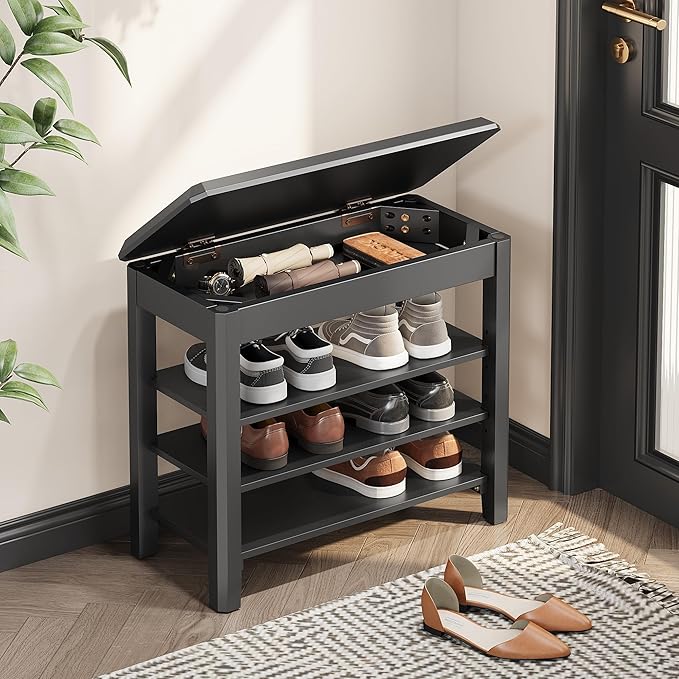 Shoe Rack Bench Seat Rubberwood 3-Tier Wooden Storage Bench 550lbs Compact by IUNVR