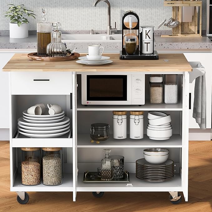 49" Foldable Kitchen Island Cart, Towel Rack & Drawer, Rolling on Wheels by Unknown