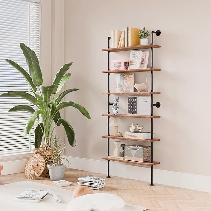 6 Tier Industrial Ladder Pipe Shelf Bookcase, Rustic Wall Mounted Pipe - Image 6