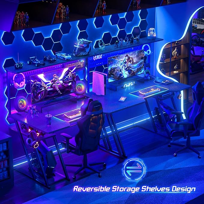 Gaming Computer Desk with Shelves and Outlets, Gaming Desk with Hutch and LED - Image 7