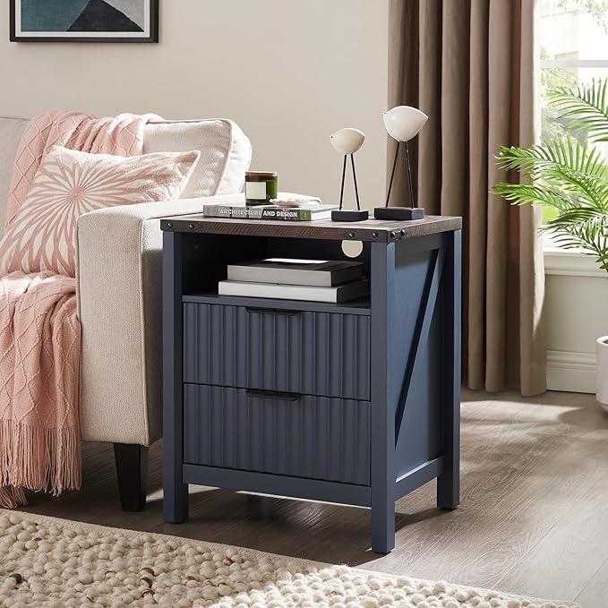 Navy Blue Nightstand with Charging Station Set of 2-20 Inch Wide Farmhouse - Image 2