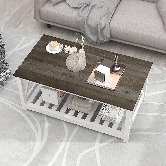 Farmhouse Coffee Table, 2-Tier Rectangular Wooden Centre Cocktail Table - Image 3