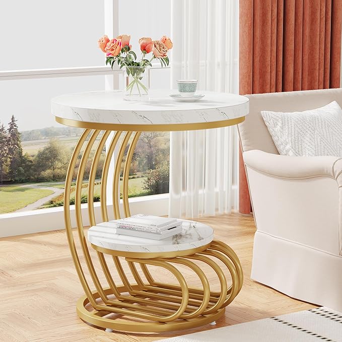 Tribesigns Gold Round End Table: 2 Tiers Faux Marble Side Table by Tribesigns