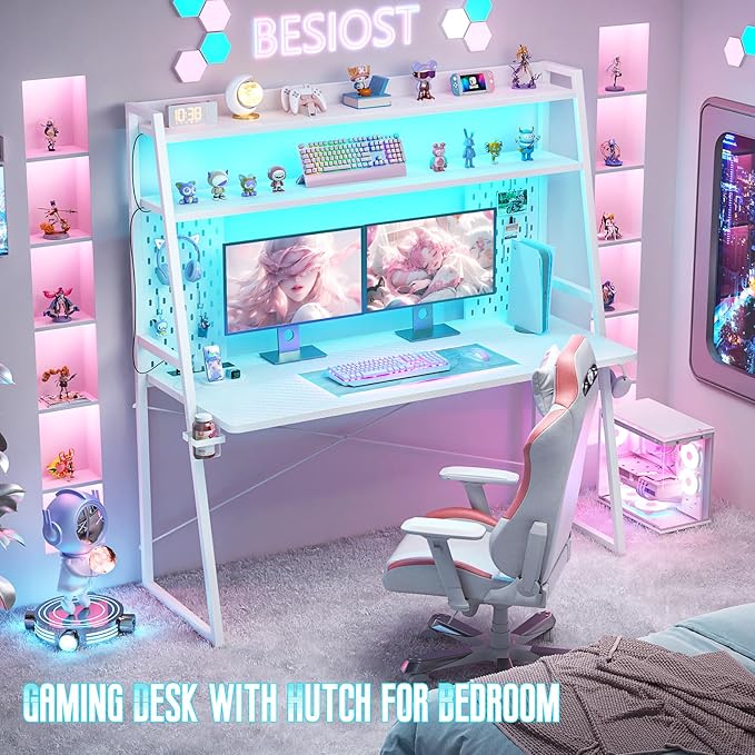 Gaming Desk with Hutch and LED Lights, Gaming Computer Desk with Power Outlets - Image 3