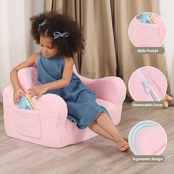 Comfy Toddler Chair, 2-in-1 Toddler Couch Fold Out, Convertible Sherpa Sofa to - Image 4