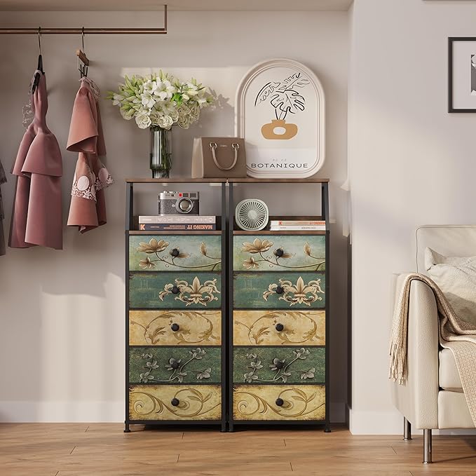 Tohomeor Nightstand with Fabric Drawers Dresser with 2 Tier Shelf Storage Tower - Image 5