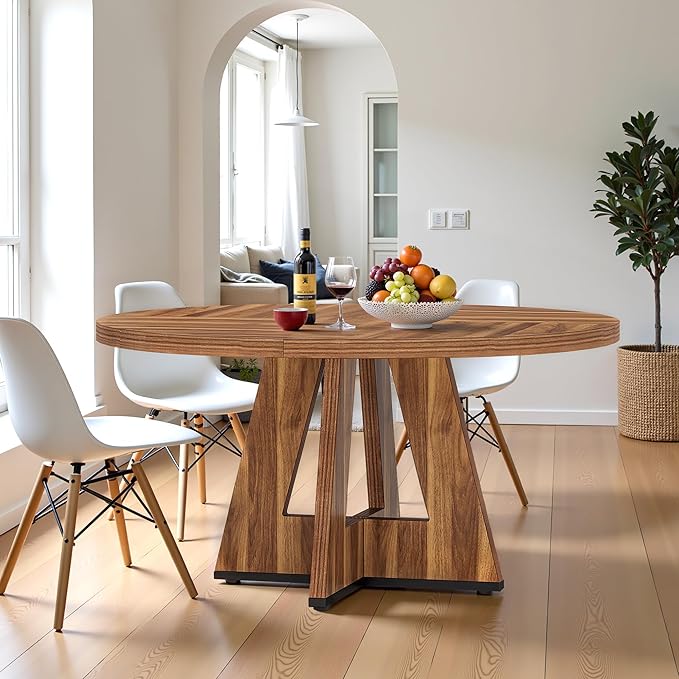 Round Dining Table for 4, 47 Inch Dinner Table Farmhouse Wooden Circle Kitchen by Unknown