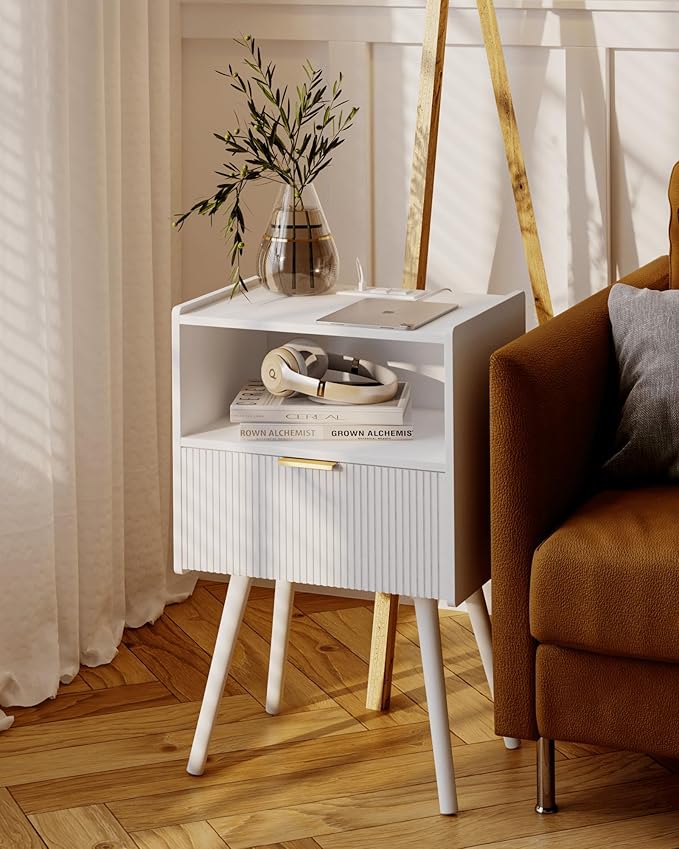 White Nightstand with Outlet, Modern Bedside Table with Storage Drawer and Open - Image 7