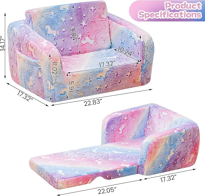 Lamerge 2-in-1 Soft Toddler Couch Fold Out, Foldable Toddler Chair, Glow in The - Image 3