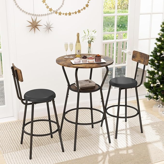 3-Piece Round Bar Table and Chair Set, Small Dining Table by Zevemomo