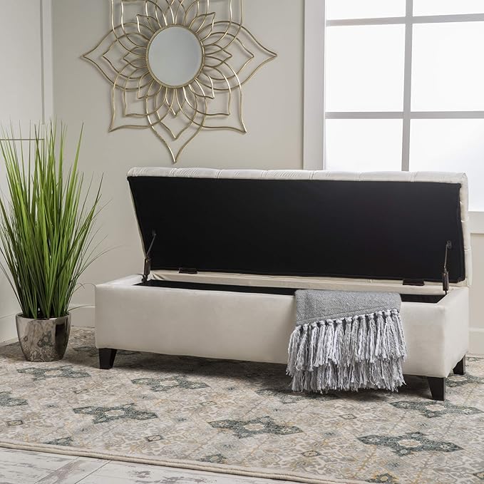 Christopher Knight Home Ottilie Velvet Storage Ottoman, Ivory 17.5”D x 51.0”W x - Image 5
