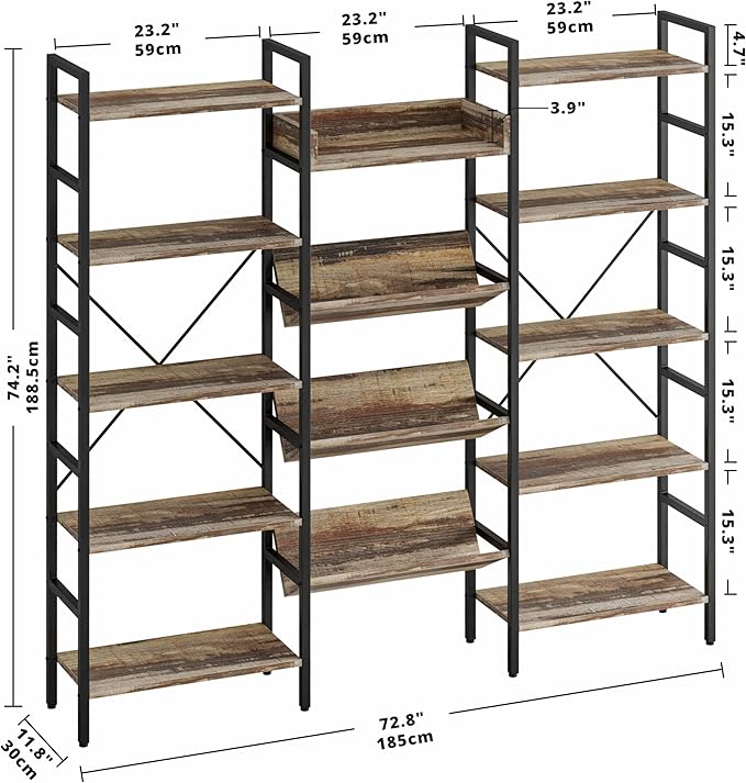 IRONCK Bookshelves and Bookcases 5 Tiers, Triple Wide Industrial Bookshelf - Image 3