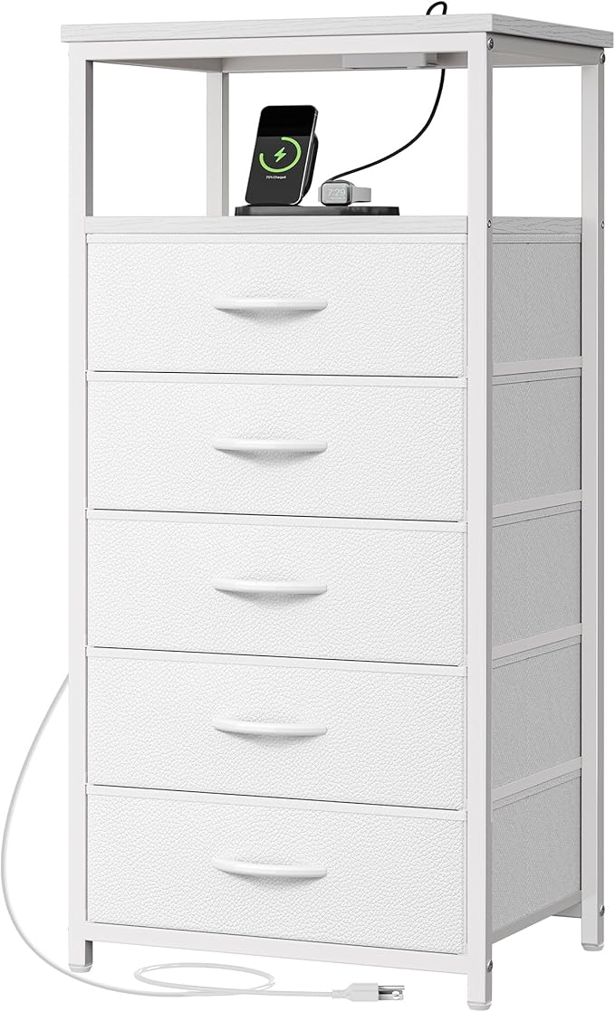 Huuger White Dresser with 5 Drawers & Charging Station, Tall Dresser by Huuger