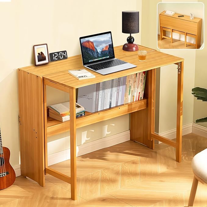 39.37" Bamboo Folding Desk, Space-Saving Computer Desk by Usofhaus
