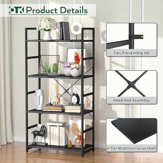 OTK 4 Tier Bookshelf, Tall Bookcase, Office Shelf Storage Organizer, Modern - Image 5