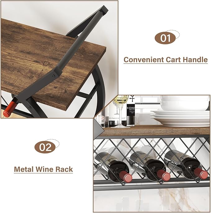 LVB Industrial Kitchen Bar Cart, Farmhouse Beverage Serving Liquor Cart - Image 9