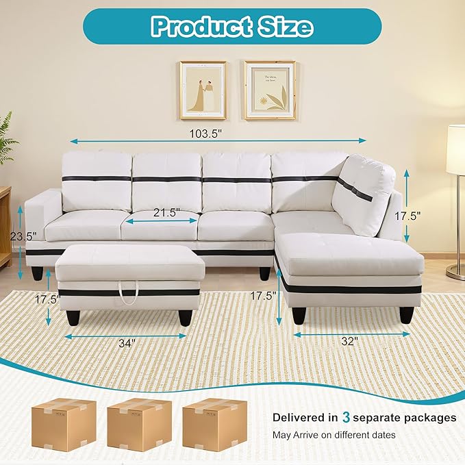 Couches for Living Room PU Leather L Shaped Couch Comfy 3 Pieces Sectional Sofa - Image 2