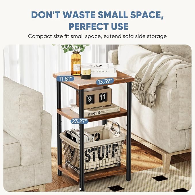 DUMOS End Table Small Side Sofa Tables 3 Tier Tall Nightstand Storage Shelf - Image 4