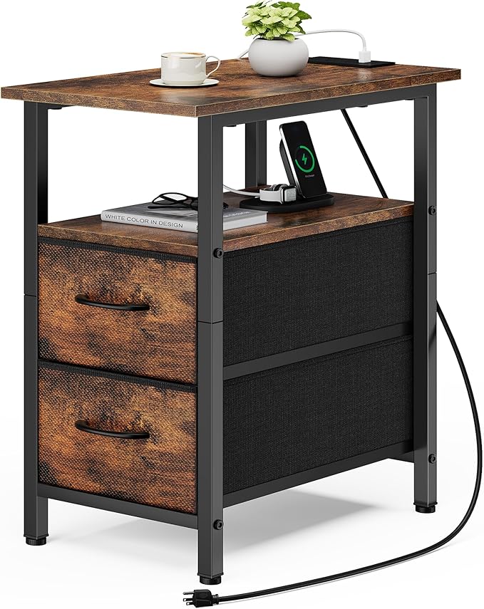 Vagusicc End Table with Charging Station, Narrow Side Table, 23.8'' Tall by Vagusicc