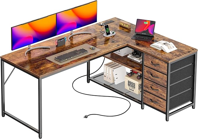 PRAISUN 53" L Shaped Desk with Power Outlets and USB-C Port, Reversible by PRAISUN