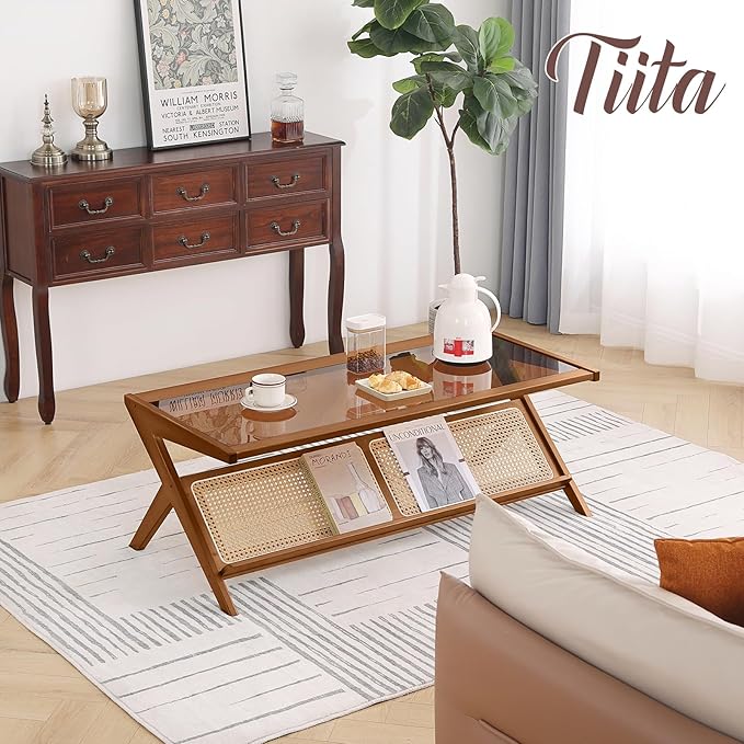 Tiita Rattan Coffee Table, Bamboo Accent Bedside Tables, Glass Nightstand Side - Image 2