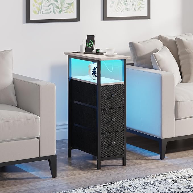 End Table with Charging Station, Narrow Side Table with 3 Fabric Drawers - Image 8