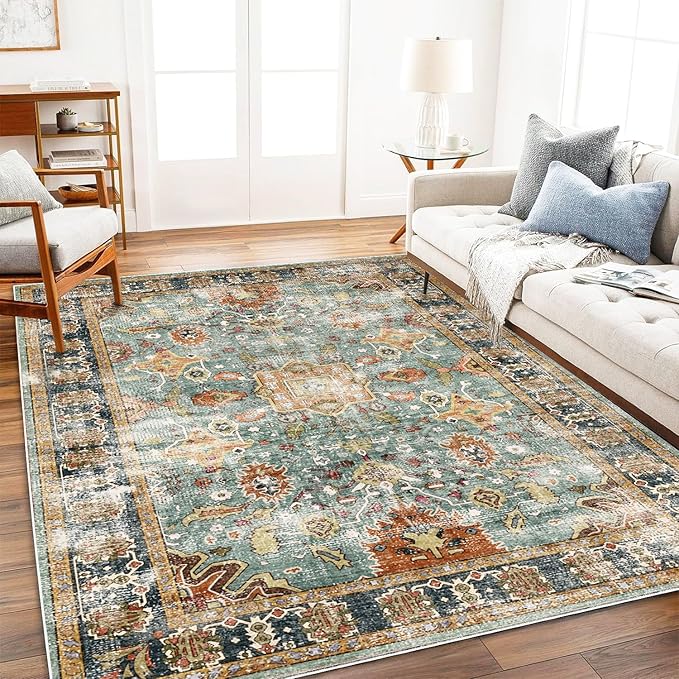 Area Rug 9'x12' Washable Vintage Traditional Mat Distressed Indoor Foldable by CHAMPLANT