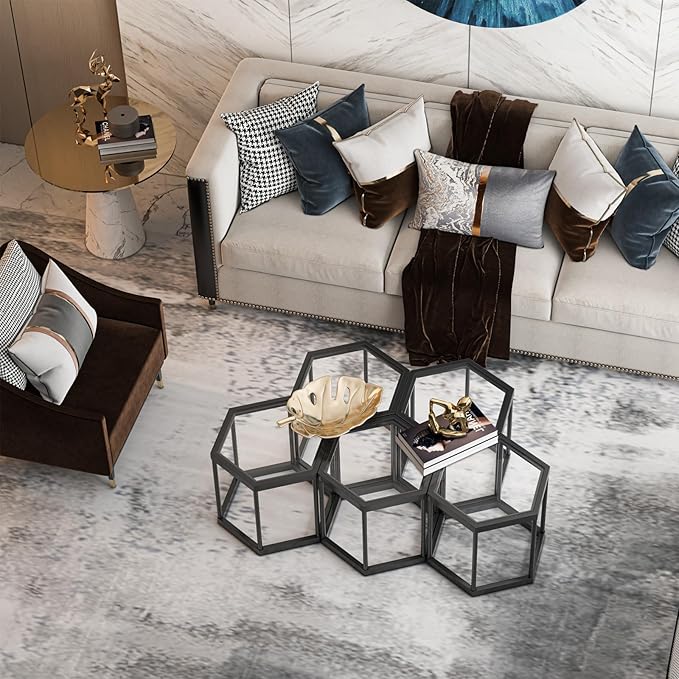 Coffee Table Glass Modern Coffee Table, Hexagon Free Combination Glass Center - Image 4