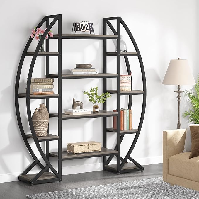 Tribesigns Oval Bookshelf, Triple Wide 5 Tier Etagere Bookcases, Industrial - Image 4