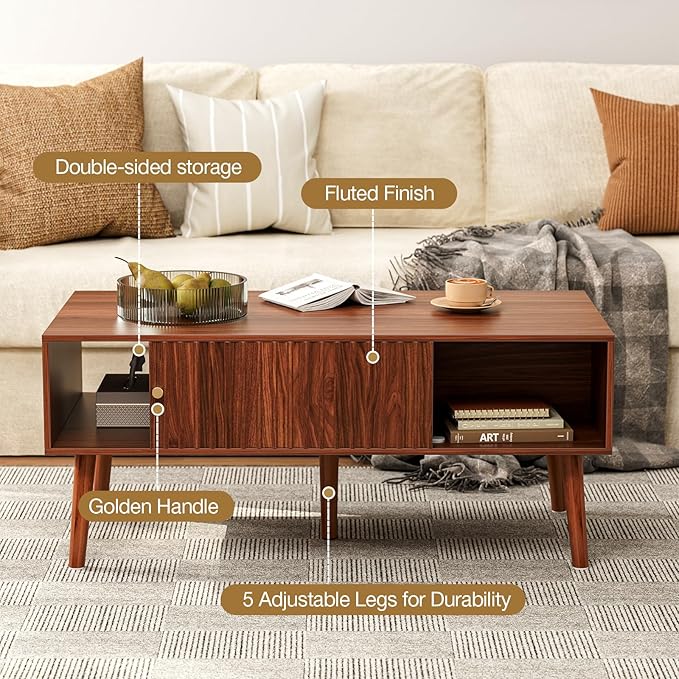 Coffee Table with Storage, Mid Century Dining Table with Sliding Fluted Door - Image 3