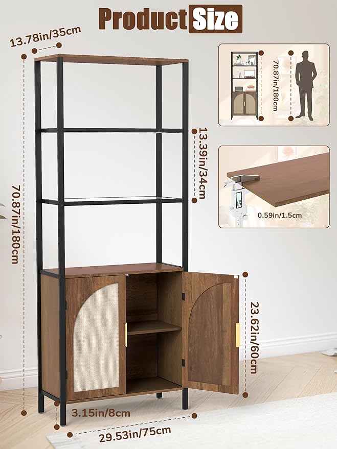 5 Tier Rattan Bookcase with Light 71" Tall Boho Bookshelf with Doors Large - Image 2