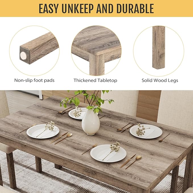 6-Piece Solid Wood Dining Table Set, Including 1 Dining Table, 4 Upholstered - Image 3